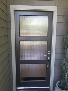 a black door with blinds on it and a potted plant in the foreground