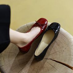 Check out our burgundy ballet flats with a bow. They're perfect for any occasion. whether you're headed to the office or a night out on the town. Made of high-quality patent leather. they're sure to last you season after season. And they go great with just about anything in your wardrobe - from jeans to dresses. So why wait? Get your pair today! Upper: Patent Leather Lining: Leather Outsole: TPR Toe: Round Toe Closure: Slip on Color: Burgundy. Black is_handmade: Yes Elegant Red Ballet Flats For Work, Chic Red Ballet Flats For Work, Fall Party Ballet Flats With Closed Toe, Party Ballet Flats For Fall With Closed Toe, Party Patent Leather Flats With Round Toe, Red Ballet Flats For Evening, Trendy Ballet Flats For Formal Fall Events, Trendy Ballet Flats For Formal Fall Occasions, Patent Leather Bow Flats