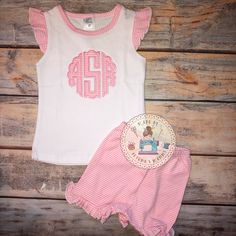 Sweet Simple girls shirt set - monogram top and shorts Cute Striped Cotton Sets, Preppy Cotton Sets For Spring, Preppy Cotton Spring Sets, Spring Preppy Cotton Sets, Preppy Fitted Cotton Sets, Summer Cotton Monogram Print Tops, Summer Cotton Tops With Monogram Print, Middle Name, Girls Shirt