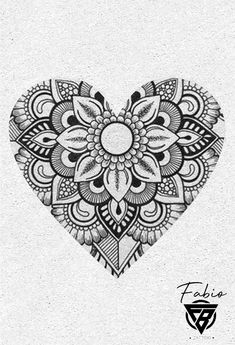 a black and white drawing of a heart with flowers in the shape of a flower