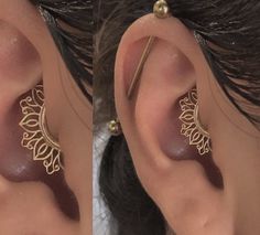 two pictures of the same ear with gold filigrees on each one side