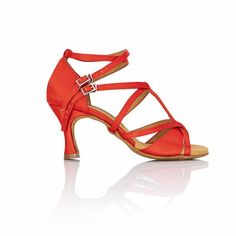 an orange high heeled sandal with straps