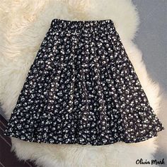 Olivia Mark - Chiffon Floral Half-Length Skirt with High-Waisted Pleats and Embroidered Floral Design Black Floral Print Skirt, Black Floral Print Tiered Skirt, Black Knee-length Skirt With Elastic Waistband, Black Skirted Bottoms With Floral Print, Black Floral Print Flowy Skirt, Black Flowy Floral Skirt, Pleated Short Skirt, Polka Dot Midi Skirt, Pleated Chiffon Skirt