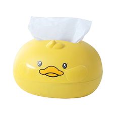 a yellow rubber ducky tissue dispenser with a white paper towel on it's head