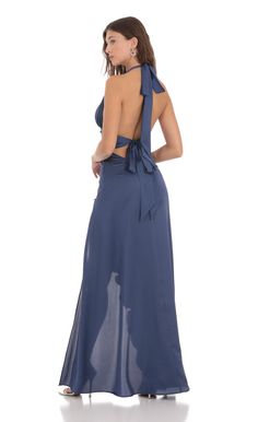 Satin Halter Ruffle Slit Dress in Blue | LUCY IN THE SKY Satin Halter Dress, Ruffle Prom Dress, Halter Prom Dresses, Beach Wedding Guest Dress, Dark Blue Dress, Grad Dresses, Halterneck Dress, Hoco Dresses, Prom Dresses Blue