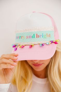 MERRY AND BRIGHT LIGHTS TRUCKER HAT HAT Judith March Playful Pink Festival Hat, Light Pink Hat, Judith March, Pink Hat, Bright Lights, Merry And Bright, Tis The Season, Holiday Spirit, Design Your Own