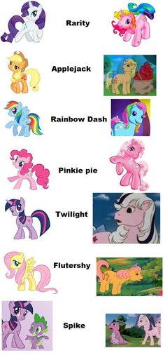 many different ponys are shown together in this picture, with the names below them