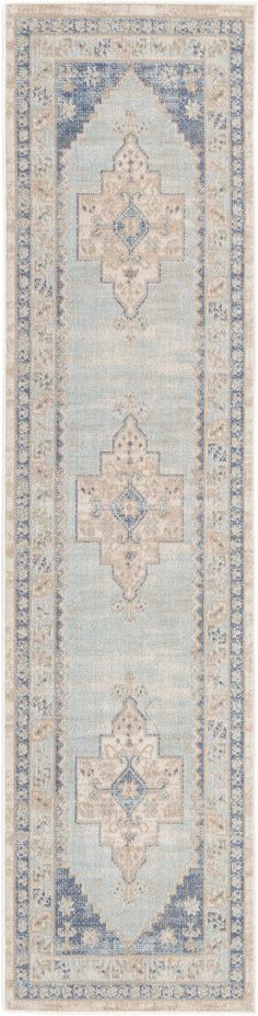 a blue and beige rug with an ornate design