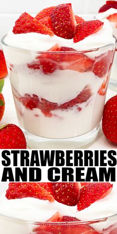 strawberries and cream trifle in glass bowls with strawberries on the table behind it