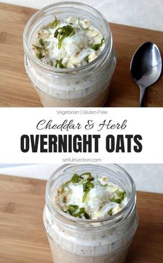 two jars filled with overnight oats on top of a wooden table