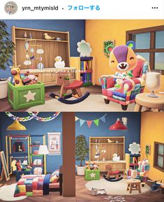 two pictures of a child's room with teddy bears