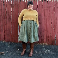 Hinterland Dress with cropped sweater Red Fence, Indie Outfits Grunge, Indie Y2k, Chubby Fashion, Image Description, Mama Style, Wide Calf Boots, My Wardrobe, Teacher Outfits