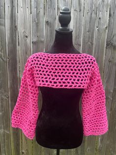 Simple but stylish bolero with long sleeves. Fits standard sized (xs-l). Fitted Crochet Shrug For Spring, Pink Fitted Crochet Top For Fall, Fitted Pink Crochet Top For Fall, Fitted Crochet Long Sleeve Shrug, Fitted Long Sleeve Crochet Shrug, Bolero Top, Crochet Bolero, Ponchos, Easy Crochet