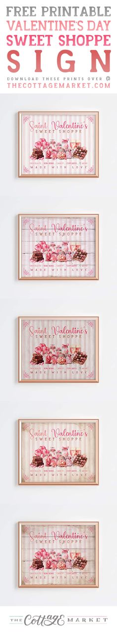 Free Printable Valentine's Day Sweet Shoppe Sign  Add sweetness to your life with our Free Printable Valentine’s Day Sweet Shoppe Sign. Available in 2 sizes & 5 backgrounds! Download now!  Well friends, Valentine’s Day is coming up soon so we thought it would be a good time to get some fun free printables going for you to decorate with! Today it s all about a Free Printable Valentine’s Day Sweet Shoppe Sign! It is perfect to add to a Gallery Wall or Hang Solo in a special spot! How about framed and placed on a shelf, side table or counter! Great as part of a Vignette and my favorite, shrink it down and make a magnet! Let your imagination soar! Life Hacks Food, Shelf Side Table, Farmhouse Home Decor Ideas, Candy Cupcake, Cottage Market, Printable Valentine, Pet Tips, Valentines Printables Free, Treat Recipes