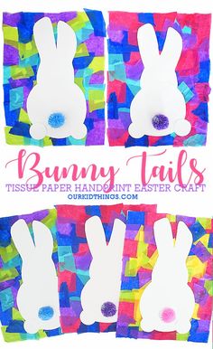 four bunny tails made out of tissue paper and colored papers with the words bunny tails on them