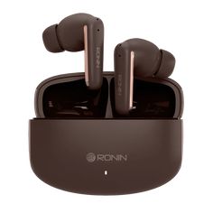 the brown earphones are sitting on top of each other