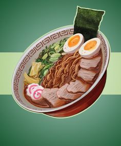 an illustration of a bowl of ramen with boiled eggs, meats and vegetables