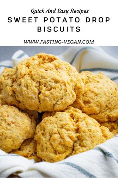 sweet potato drop biscuits in a basket with text overlay