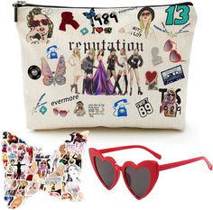 Amazon.com: Taylor Makeup Bag Merchs Sets, Incl. 1pcs Bag, 1pcs Sunglasses and 50pcs Stickers, TS Singer Inspired Travel Comestic Bag Set Girls Lover Friends Gift Choice for Travel Eras Tour Concert Party : Beauty & Personal Care Eras Tour Concert, Girls Water Bottles, Concert Party, Heart Shaped Sunglasses, Heart Sunglasses, Gift For Music Lover, Lovers And Friends, Bag Set, Eras Tour