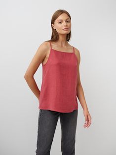 "AMBER is a simple linen strap top with a square neckline. DETAILS - Sleeveless design - Spaghetti straps - Square neckline - Oeko-Tex certified 100% local washed midweight linen - Cut and sewn to order just for you in our studio COLOR - Raspberry, you can also choose other colors above - Fabric samples are available here https://www.etsy.com/listing/586569696/linen-fabric-samples SIZING & FIT - True to size - Model is 5'10\" / 178cm and wearing a size XS CARE FOR LINEN - Machine wash up to 30ºC/86ºF gentle cycle - Lay flat to dry or tumble dry low - Warm iron if needed - Do not bleach SIZE GUIDE Size conversion guide Size XS (US 0-2, IT 36-38, UK 4-6, Japan 3-5, France 32-34) Size S (US 4-6, IT 40-42, UK 8-10, Japan 7-9, France 36-38) Size M (US 8-10, IT 44-46, UK 12-14, Japan 11-13, Fran Chic Linen Cami Tank Top, Summer Cotton Camisole With Square Neck, Square Neck Cotton Camisole For Summer, Cotton Square Neck Camisole For Summer, Beach Tops With Adjustable Straps And Square Neck, Beach Top With Adjustable Straps And Square Neck, Summer Cotton Tops With Straight Neckline, Chic Linen Camisole Tank Top, Chic Square Neck Camisole For Summer