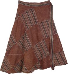 A gypsy wrap around skirt with square patchwork in a striped fabric, black and brown.  The patchwork is simple yet gives the skirt a bohemian look. #tlb #WrapAroundSkirt #Patchwork #Stonewash #JuniorPetite #Misses #beachwrap Bohemian Brown Cotton Skirt, Bohemian Brown Patchwork Skirt, Thrift List, Skirt Patchwork, Knit Patchwork, Square Patchwork, Skirt Scarf, Skirts Brown, Long Skirt Summer