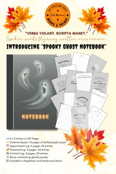 the front cover of a notebook with an image of autumn leaves on it and text that reads