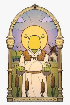 an image of a cartoon character in front of a stained glass window