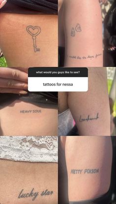 several different tattoos on the back of women's butts, with words written below them