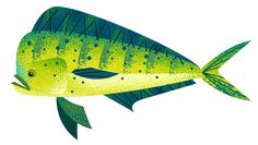 a drawing of a yellow fish with green fins