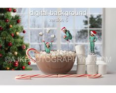 some candy canes and marshmallows in a bowl with two elf figurines