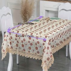 an image of a table setting with measurements for the tablecloth and place settings to put on it