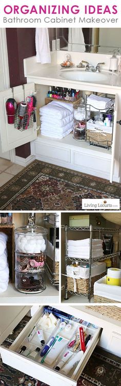 an organized bathroom cabinet is shown with drawers and towels in the bottom, below it