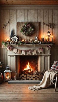 a living room with a fire place and christmas decorations