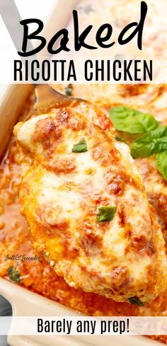 baked ricotta chicken in a casserole dish with basil