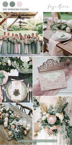 wedding color palettes with pink, green and white flowers on the table in front of them