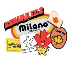 various stickers and decals are displayed in this graphic art work, including maple leaves