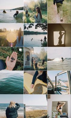 many different pictures are shown in this collage, including people and the ocean with their shadows on them