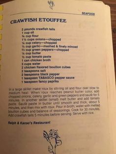 a recipe book with instructions on how to make crawfish equiffes