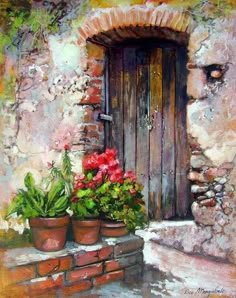 an oil painting of flowers in pots on the outside of a building with a door