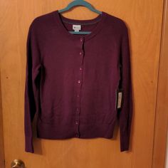 Stylus Long Sleeve Cardigan Plum Color Button Down Casual Purple Cardigan With Button Closure, Fall Purple Button-up Cardigan, Purple Button-up Cardigan For Fall, Purple Fall Cardigan With Button Closure, Work Sweaters, Marled Sweater, Wardrobe Planning, Collared Sweatshirt, Open Knit Sweater