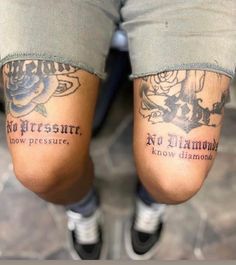 two people with tattoos on their legs and one has a name tattooed on the leg