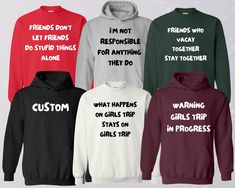 "Funny Girls Trip Sweatshirts, Friend Group Sweatshirt, Friends Matching Hoodies, Girl Group Hoodie, Custom Group Sweater, Personalized Gifts This is Moko Shirt!   -Don't forget to see all the photos in listings for details like print color options and sizes and shirt colors.  -Use the drop-down menus to notify the sizes and colors of your shirts.  -Prices vary depend on the shirt sizes.  -Shirts are soft and regular relax fit. Below there are some information about my products and shop.  -Sweat 3 Friends Quotes, Hoodies Girl, Best Friend Matching Shirts, Funny Girls, Matching Hoodies, Matching Clothes, Friend Group, Etsy Personalized Gifts, Bleach Wash