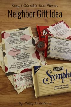 an assortment of candy and other items on a table with the words neighbor gift idea