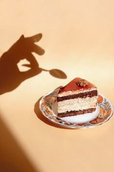 a piece of cake sitting on top of a plate next to a person's shadow