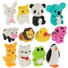 many different types of stuffed animals on a white background