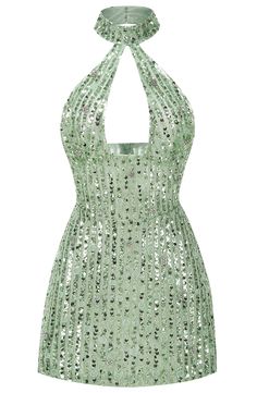 Halter Crystal Sequin Dress Green DESIGN: Color: Green Halterneck Sleeveless Sequined Cut-out detail Open back design Embellished with rhinestones Concealed zipper at back Gentle Dry Clean Only Length: Mini MATERIAL: Polyester + Cotton + Spandex High quality durable fabric. Delicate sewing and hemming by durable needle lockstitch machine. YKK zipper (known as the most durable and reliable zippers manufactured today). To maintain the beauty of your garment, please follow the care instructions on the attached label. Color may vary due to lighting on images. The product images (without model) are closest to the true color of the item.     * Order one size up for a relaxed fit. * Pay special attention on measurements to ensure proper fit. * If you are between two sizes the large Homecoming Dress Halter, Teal Birthday Dress, Shiny Fabric Dress, Sleeveless Embellished Backless Cocktail Dress, Glamorous Halter Neck Dress With Back Zipper, Party Halter Dress With Back Zipper, Glamorous Embellished Halter Dress For Summer, Embellished Sleeveless Halter Dress For Night Out, Sleeveless Sequin Halter Dress For Summer