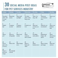 the 30 social media post ideas for pet services industry is shown in this chart, which shows