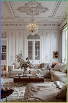 a living room filled with lots of furniture and a chandelier hanging from the ceiling