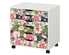 an image of a flowered drawer with drawers on wheels in white and multicolored flowers