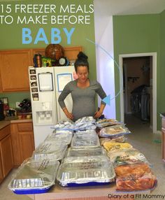 a woman standing in front of a table full of food and bags with the words freeze meals to make before baby